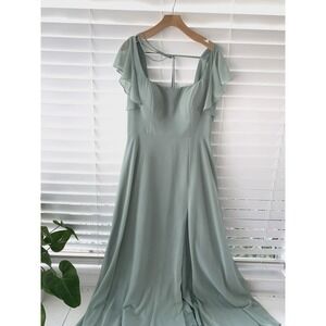 Azazie Sage Green Chiffon Flutter Sleeve Maxi Bridesmaid Dress Size C Gown